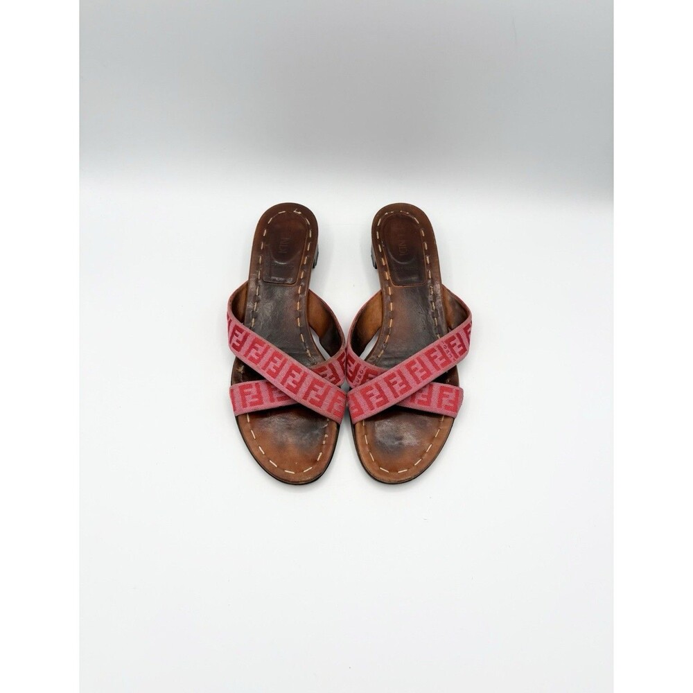 Fendi Brown Leather Sandals w/ Pink FF Logo Zucca Print Strap Vintage Size EU 37